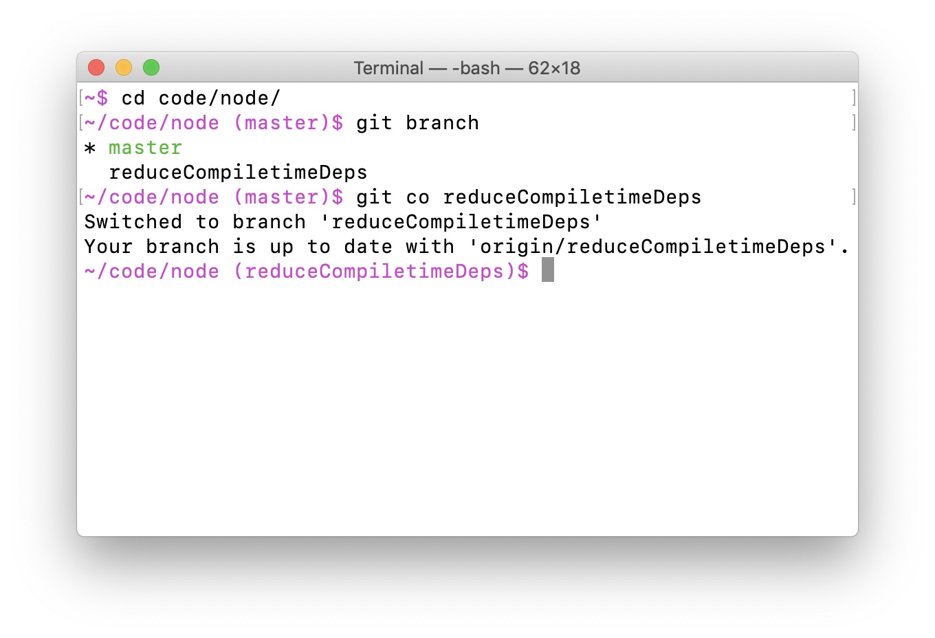 Terminal where the prompt shows the current directory and git branch.