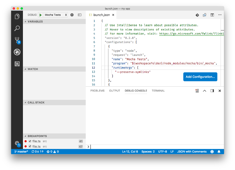 Enable symlinks in debug configuration in Code.